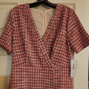 London Times Petite Tweed Surplice-Neck Sheath Dress